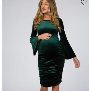 Forest Green Velvet Ruched Bell Sleeve Maternity Dress